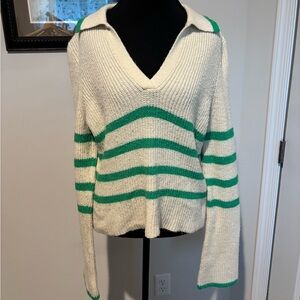 Central Park West V-Neck Sweater in Cream and Green